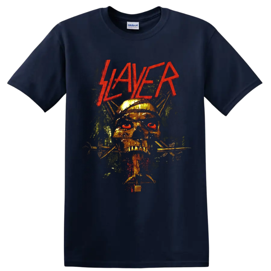 Slayer logo above a spiked helmet skull with barbed wire in gritty heavy metal art on a Navy (Blue) T Shirt