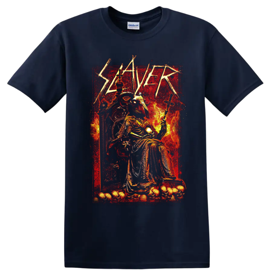 Slayer Show No Mercy gothic horned skeleton on throne with flames and skulls on a Navy (Blue) T Shirt