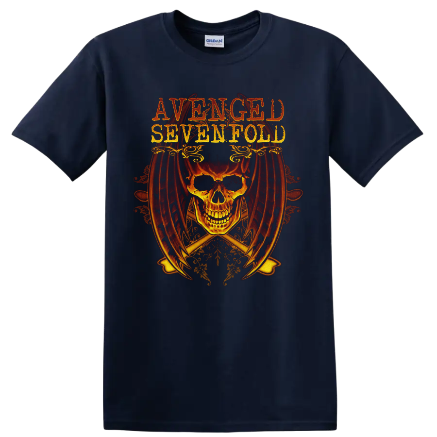 Avenged Sevenfold distressed lettering above a fiery skull with gothic ornaments on a Navy (Blue) T Shirt