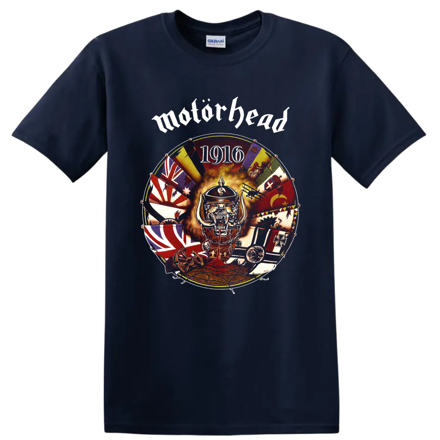 Motorhead 1916 circular war collage with snarling War Pig mascot on a Navy (Blue) T Shirt
