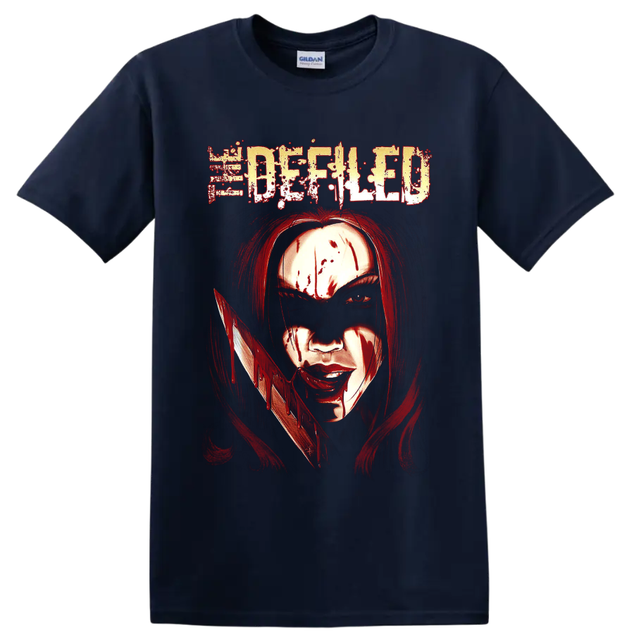 Defiled distressed logo above a blood-streaked figure holding a dripping blade on a Navy (Blue) T Shirt
