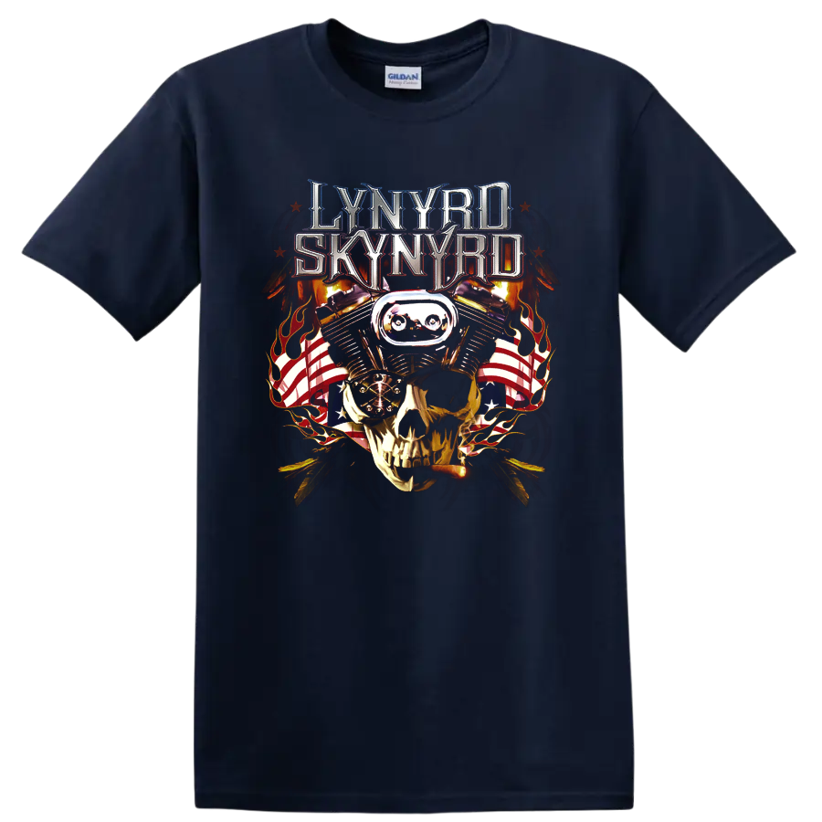 Lynyrd Skynyrd metallic logo above goggled skull, flames, and American flag graphic on a Navy (Blue) T Shirt