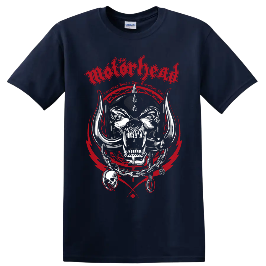 Motorhead Snaggletooth Warpig horned skull graphic with chains and red industrial frame on a Navy (Blue) T Shirt