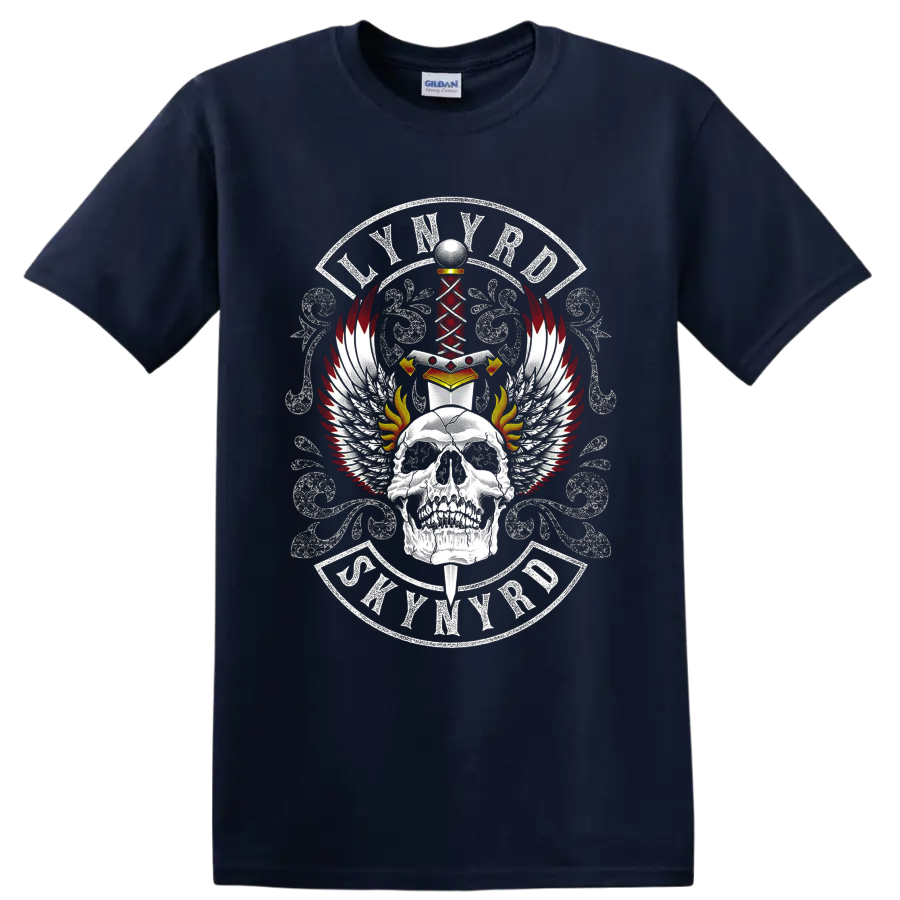 Lynyrd Skynyrd skull, sword, wings, flames, and distressed crest graphic on a Navy (Blue) T Shirt