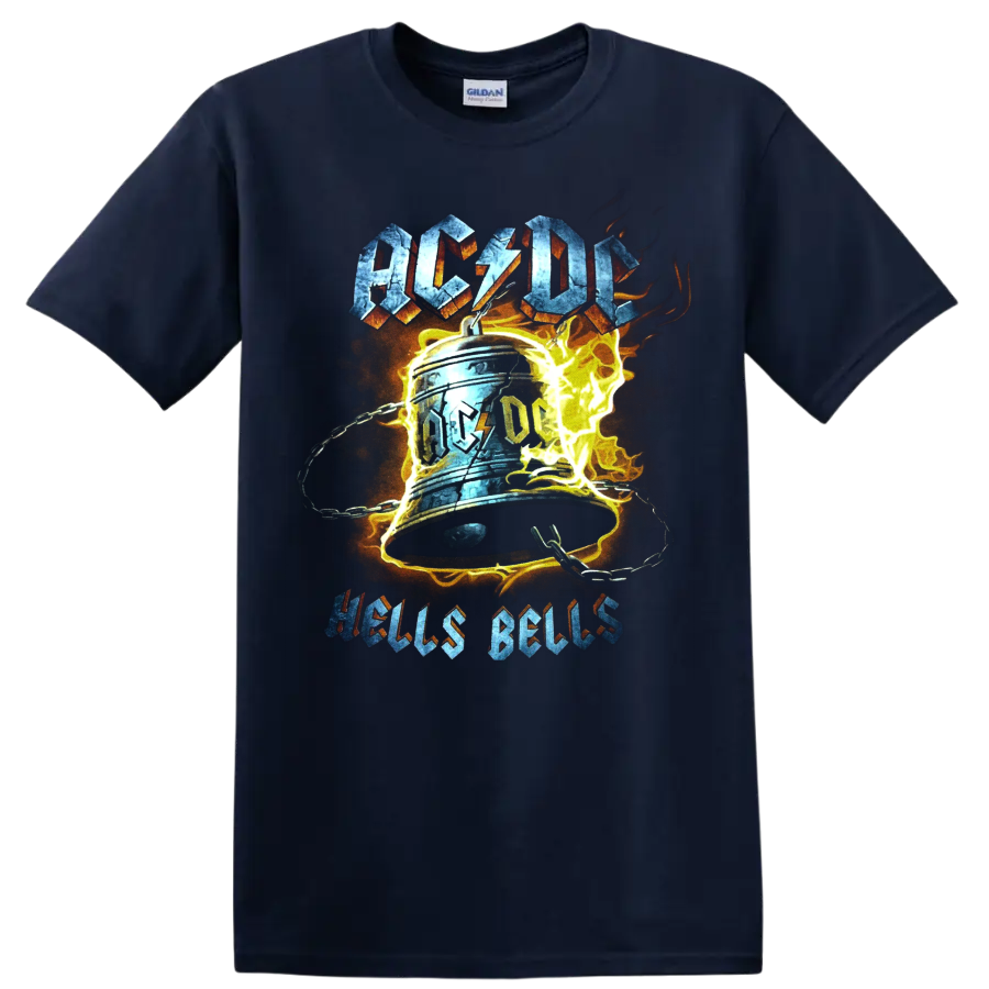 AC/DC Hells Bells distressed rock graphic with chained bell, lightning, and flames on a Navy (Blue) T Shirt