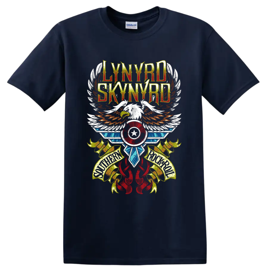 Lynyrd Skynyrd distressed eagle wings graphic with Southern Rock Roll banners on a Navy (Blue) T Shirt