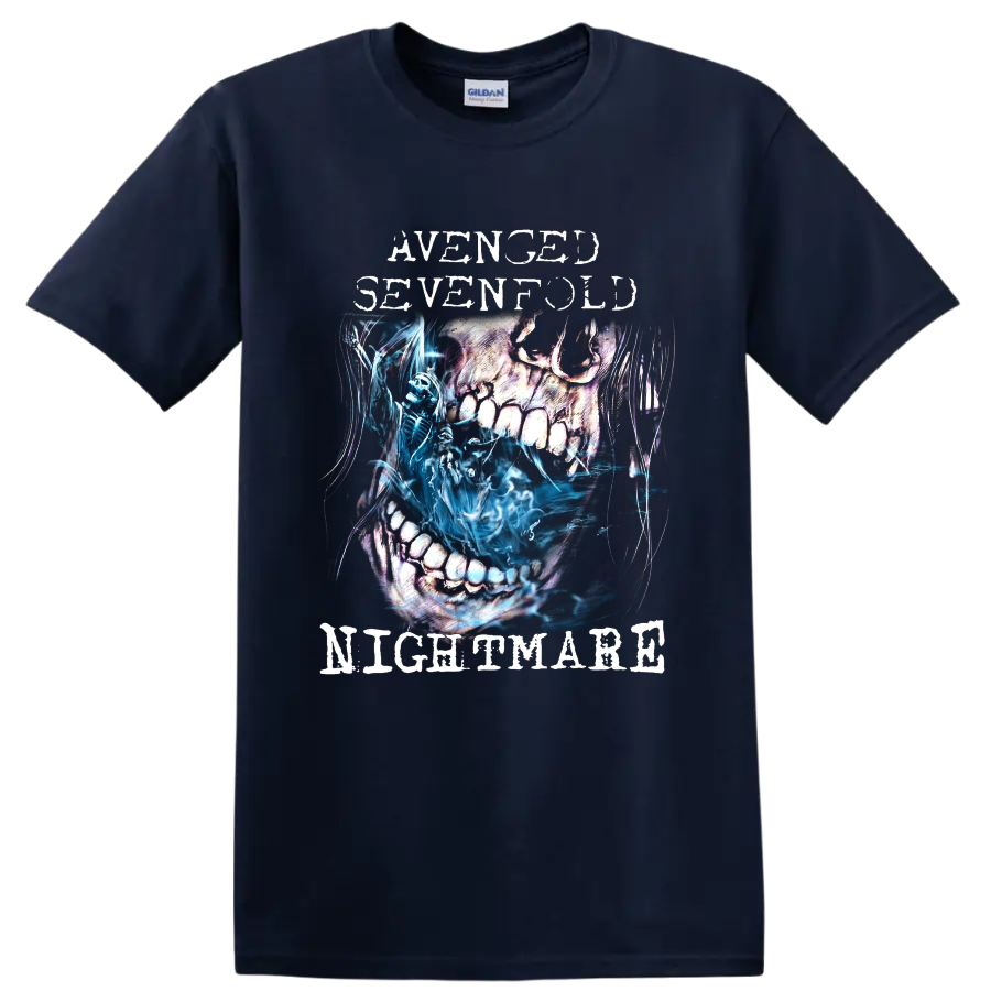 Avenged Sevenfold Nightmare distressed skull and blue skeleton graphic on a Navy (Blue) T Shirt
