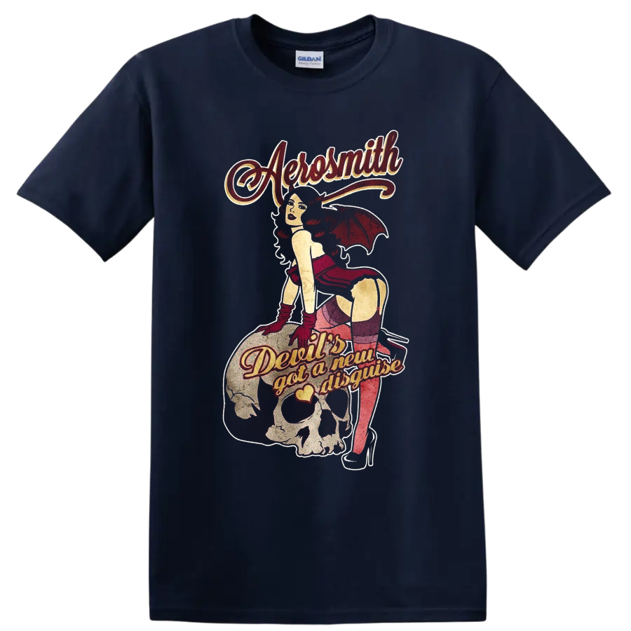 Aerosmith Devil's Got a New Disguise retro devil pinup skull and guitar graphic on a Navy (Blue) T Shirt