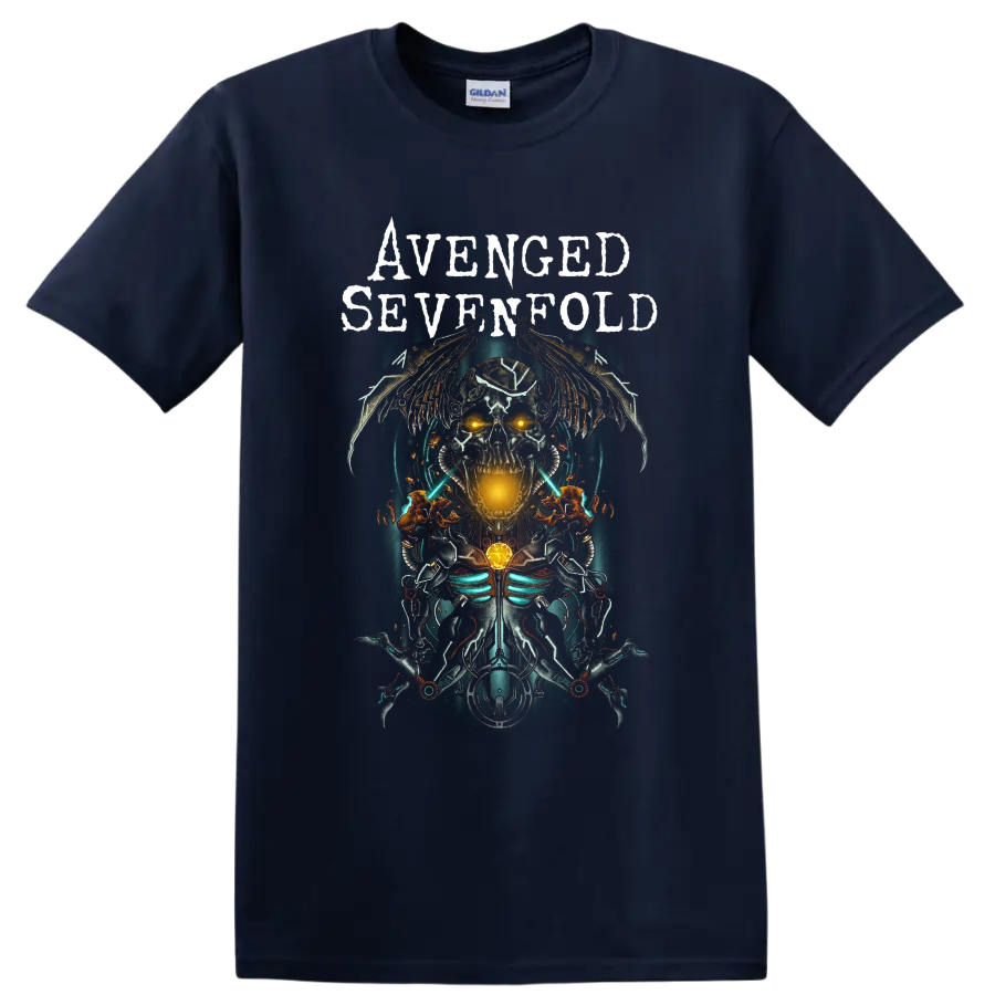 Avenged Sevenfold cybernetic winged skull graphic with distressed band lettering on a Navy (Blue) T Shirt