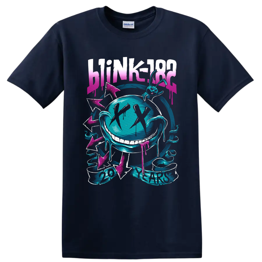 Blink-182 20 Years neon bunny and grinning face with pink arrows and drips on a Navy (Blue) T Shirt
