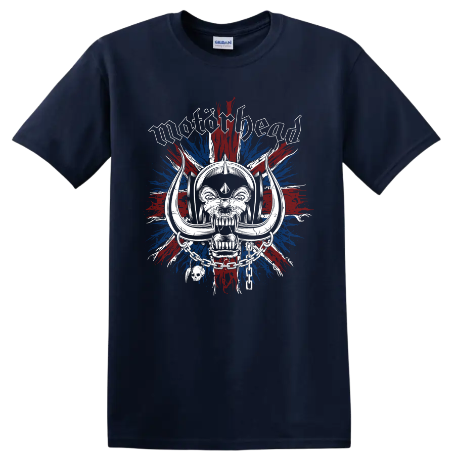 Motorhead Warpig skull with chains over distressed Union Jack paint bursts on a Navy (Blue) T Shirt