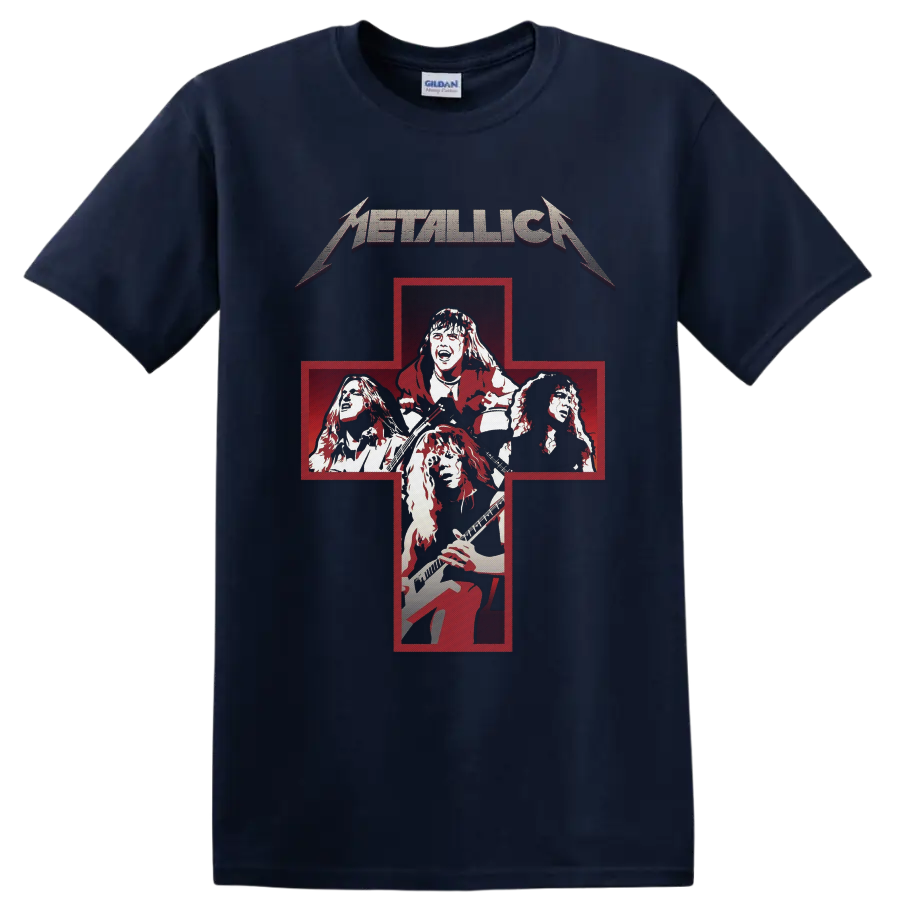 Metallica Cliff ’Em All distressed red cross band portrait graphic on a Navy (Blue) T Shirt