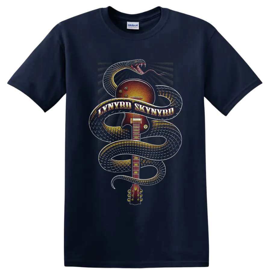 Lynyrd Skynyrd snake-wrapped sunburst guitar in vintage rock poster style on a Navy (Blue) T Shirt