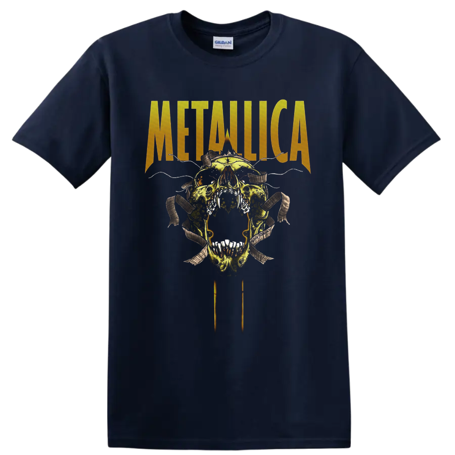 Metallica distressed logo above a horned skull with barbed wire and torn ribbons on a Navy (Blue) T Shirt
