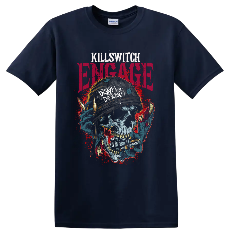 Killswitch Engage Disarm the Descent skull helmet and bullet graphic on a Navy (Blue) T Shirt