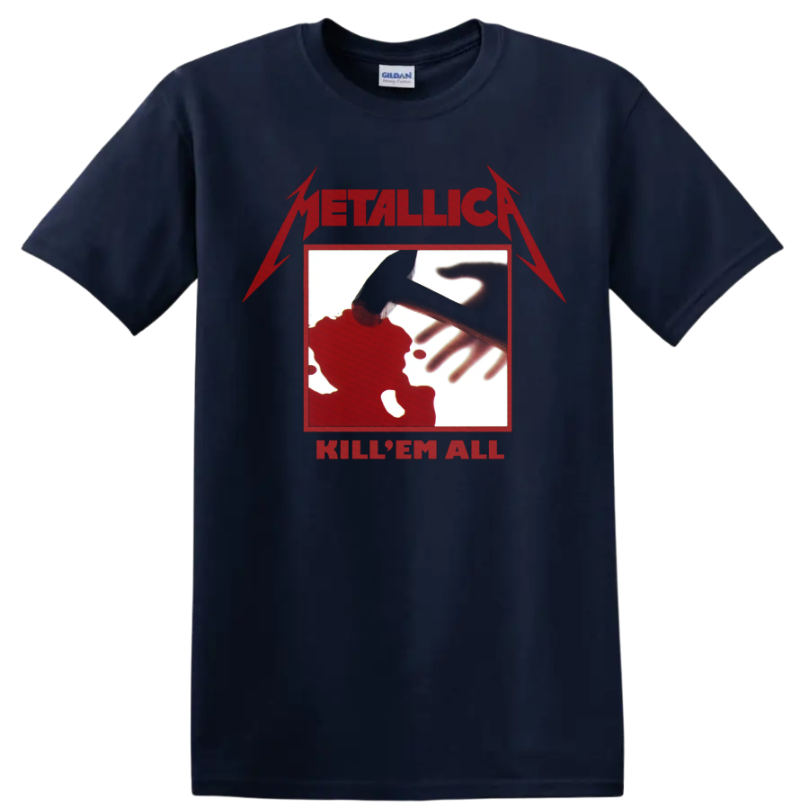 Metallica Kill 'Em All red logo and hammer graphic print on a Navy (Blue) T Shirt