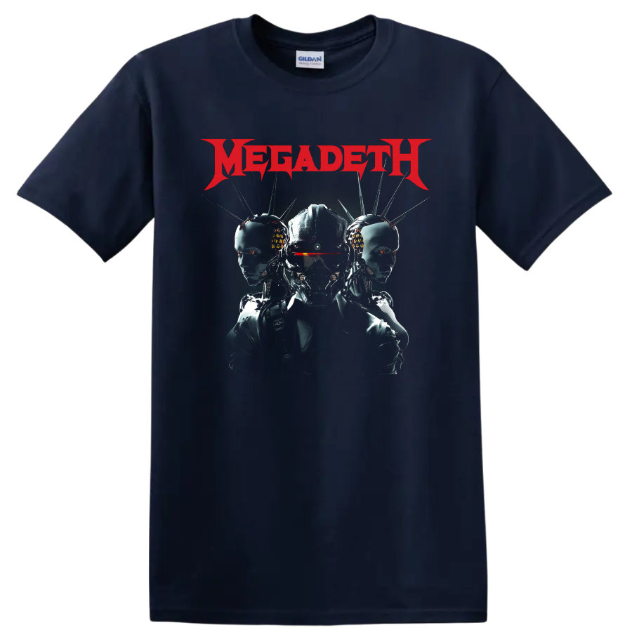 Megadeth logo above Vic Rattlehead cyberpunk robot trio graphic on a Navy (Blue) T Shirt