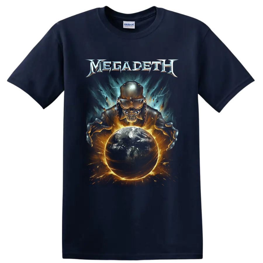 Megadeth Vic Rattlehead skull with burning Earth, lightning, and fiery cosmic art on a Navy (Blue) T Shirt