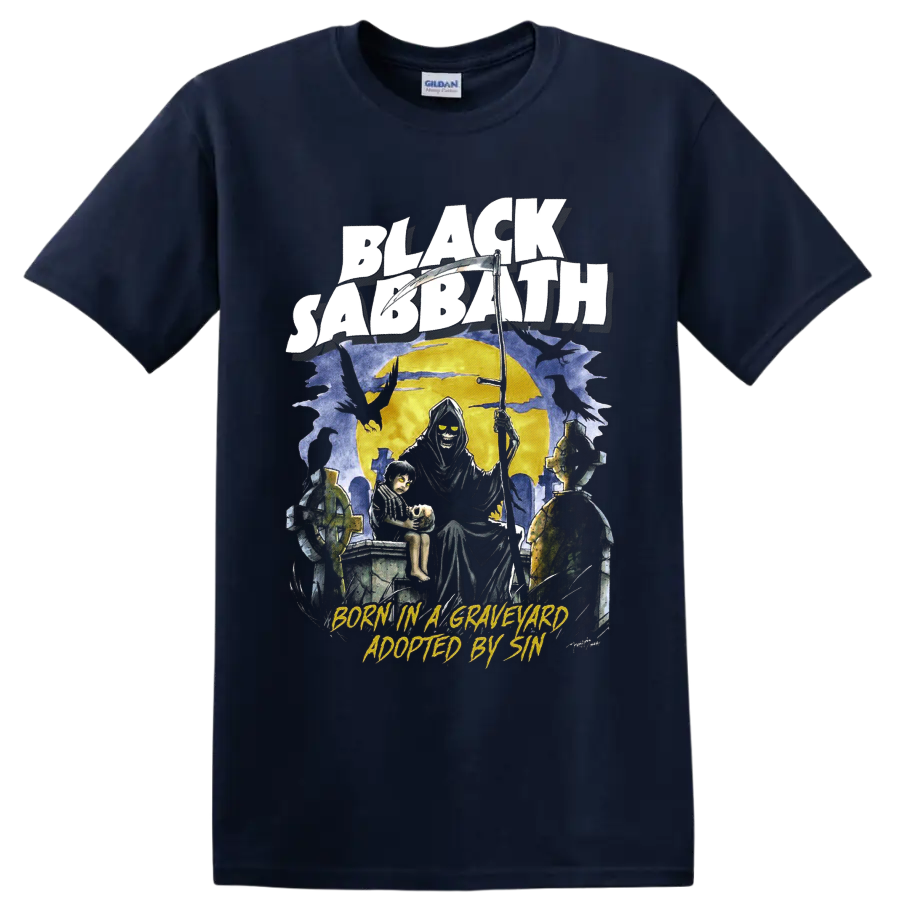 Black Sabbath Grim Reaper graveyard graphic with Born in a Graveyard Adopted by Sin text on a Navy (Blue) T Shirt