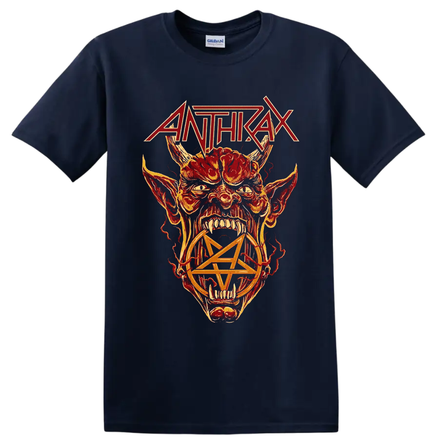 Anthrax logo above a horned snarling creature and pentagram in fiery distressed art on a Navy (Blue) T Shirt