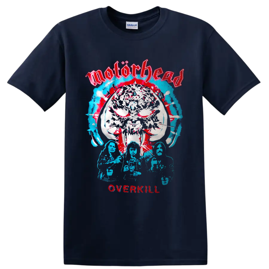 Motorhead Overkill Warpig skull graphic with distressed band figures on a Navy (Blue) T Shirt
