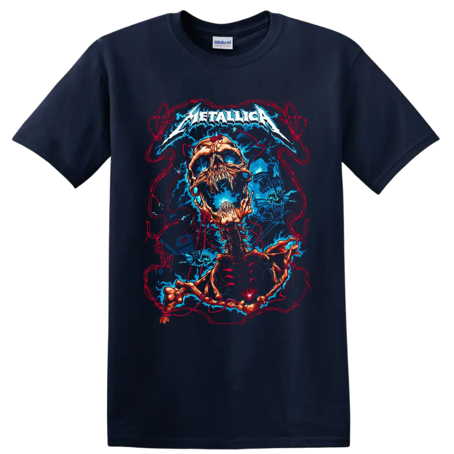 Metallica logo above a skull and skeleton with electric lightning and red linework on a Navy (Blue) T Shirt