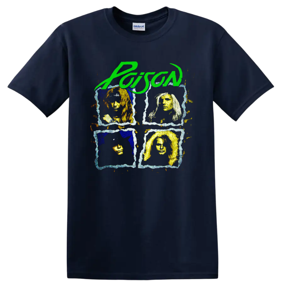 Poison green script above four distressed rock band portrait panels on a Navy (Blue) T Shirt