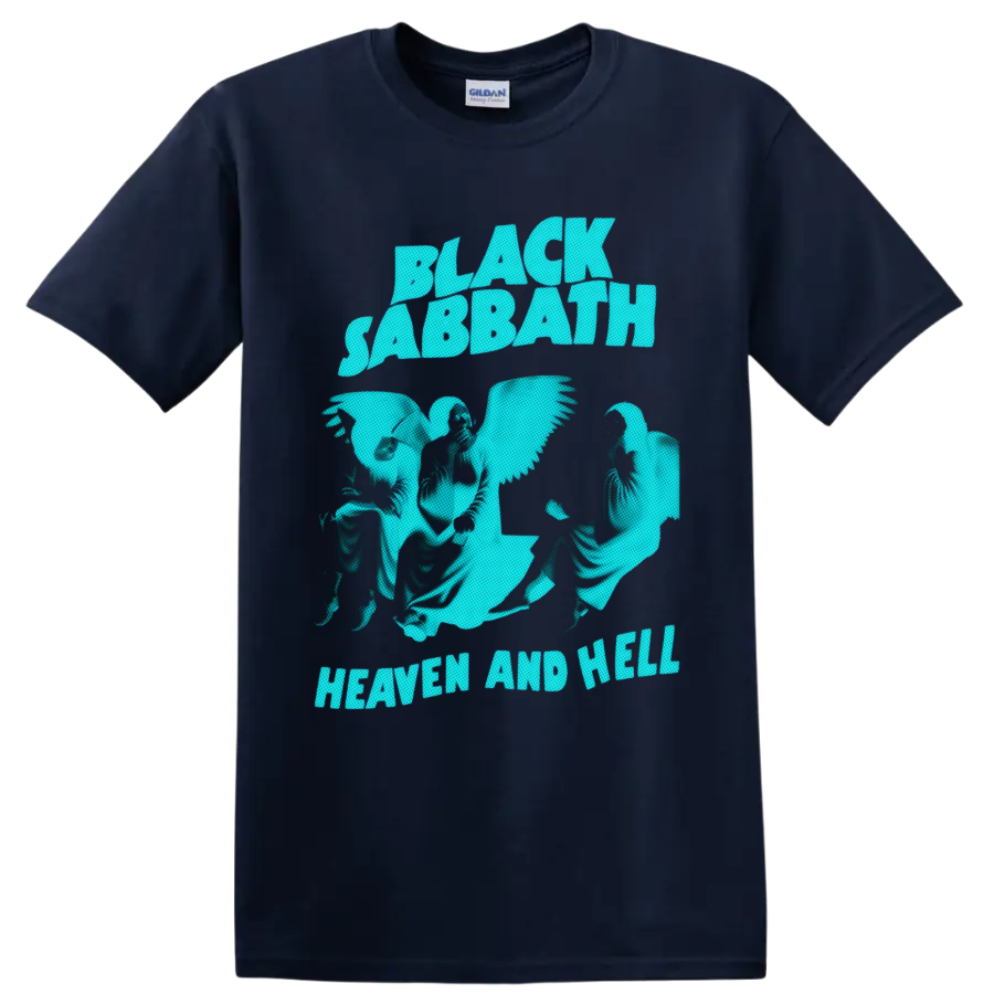 Black Sabbath Heaven and Hell aqua graphic with winged figures and bold lettering on a Navy (Blue) T Shirt