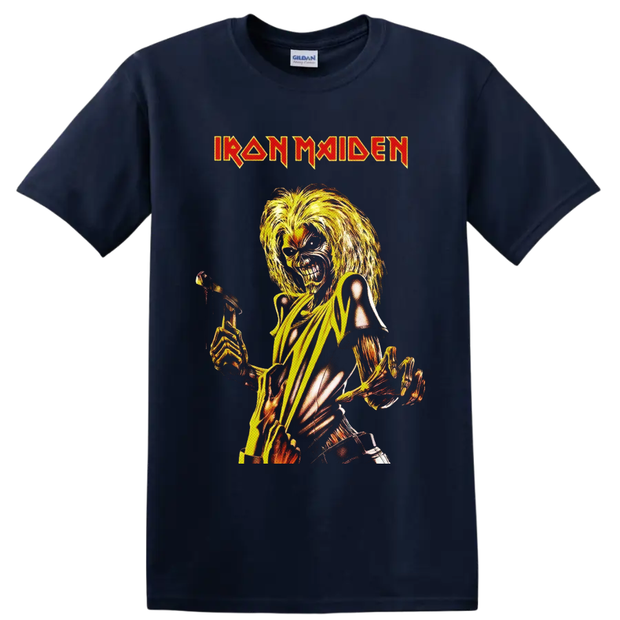 Iron Maiden Killers Eddie the Head skeleton with axe in fiery vintage metal art on a Navy (Blue) T Shirt