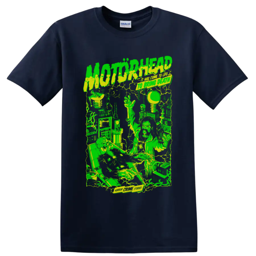 Motorhead Horror Crime Stories neon sci-fi laboratory graphic with skeletons and machinery on a Navy (Blue) T Shirt