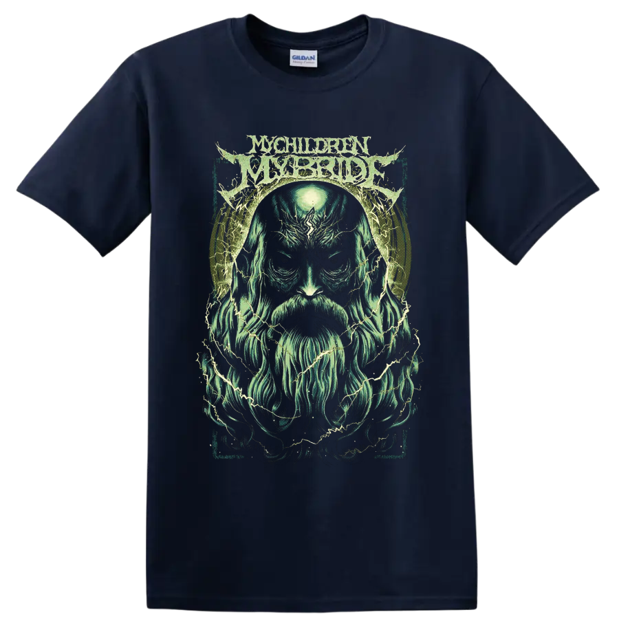 MyChildren MyBride logo above a spectral bearded portrait with lightning on a Navy (Blue) T Shirt