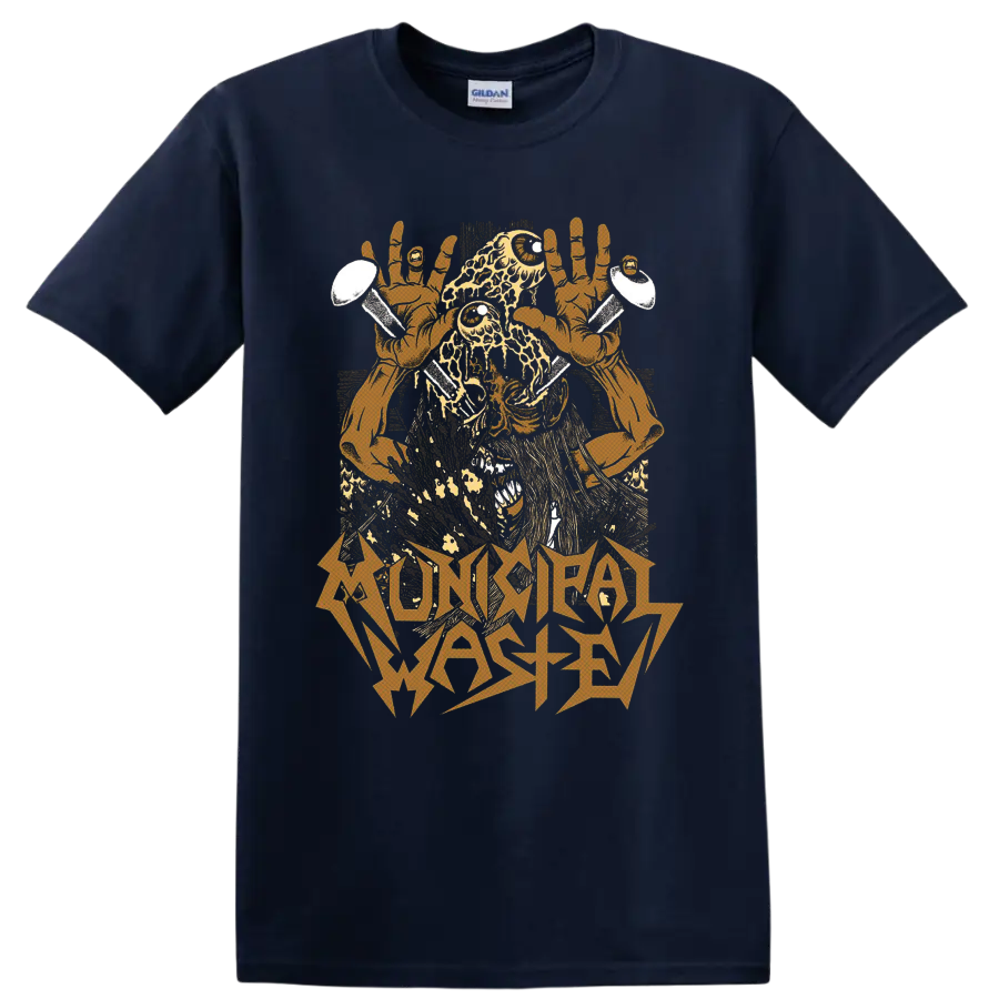 Municipal Waste decayed monster with raised hands, nails, and jagged band lettering on a Navy (Blue) T Shirt
