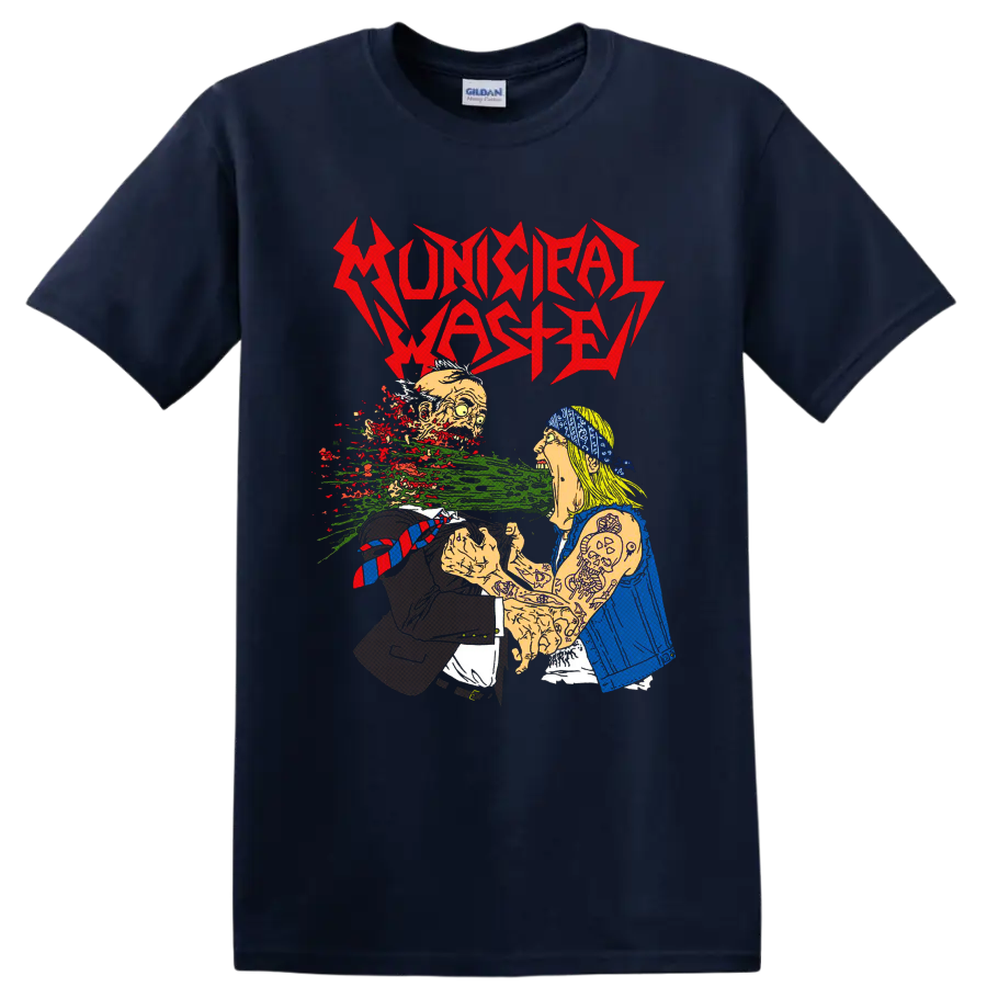 Municipal Waste jagged logo over grotesque cartoon punk horror artwork on a Navy (Blue) T Shirt