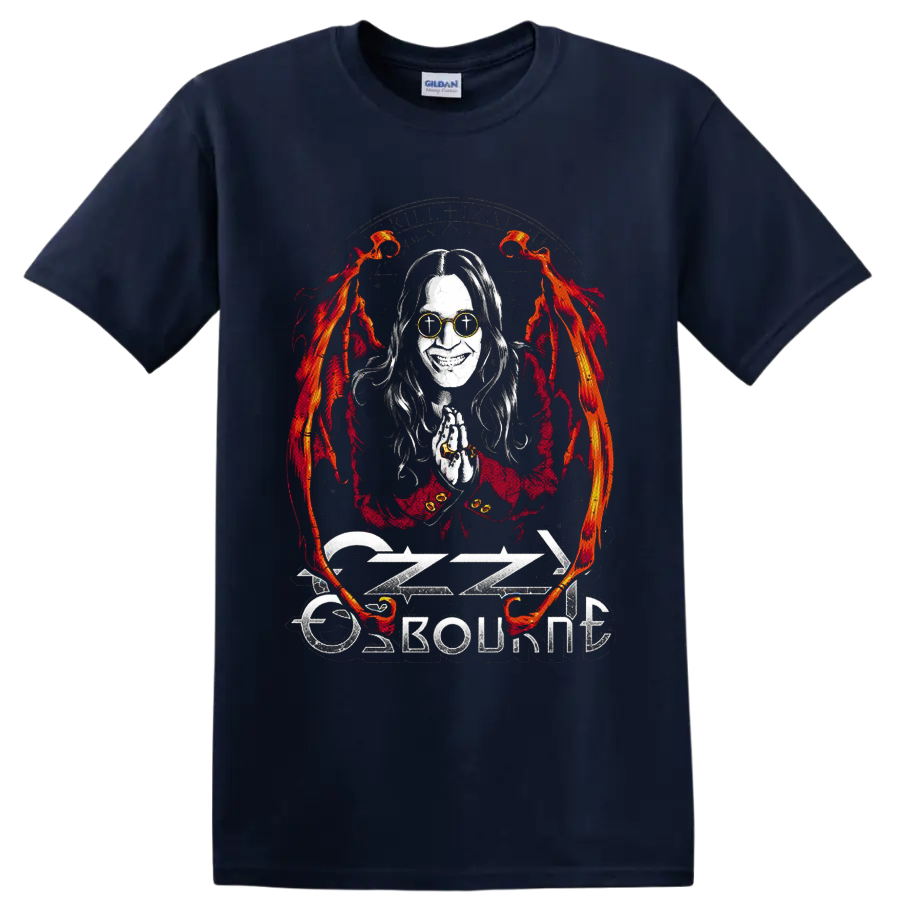 Ozzy Osbourne gothic portrait with flames, clasped hands, and distressed logo on a Navy (Blue) T Shirt