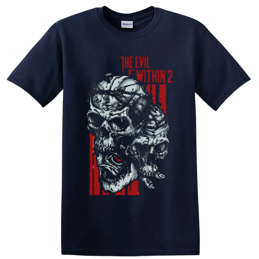 The Evil Within 2 distressed red title above layered gothic skull creature art on a Navy (Blue) T Shirt