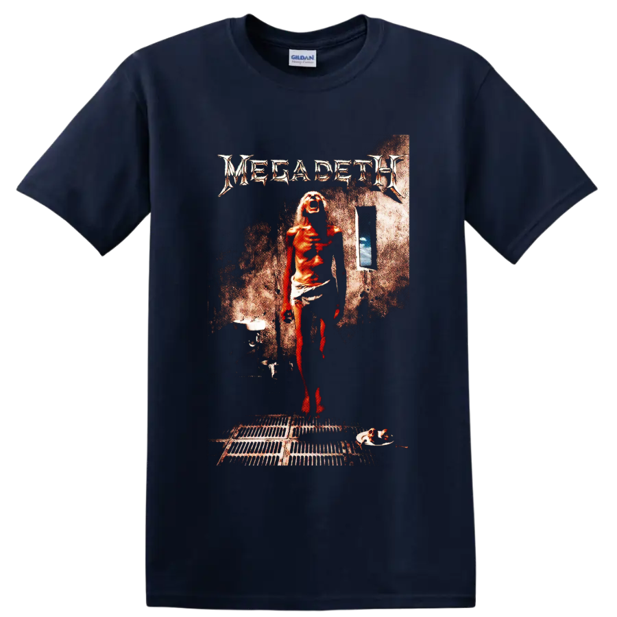 Megadeth Countdown to Extinction distressed album-art scene with red figure on a Navy (Blue) T Shirt
