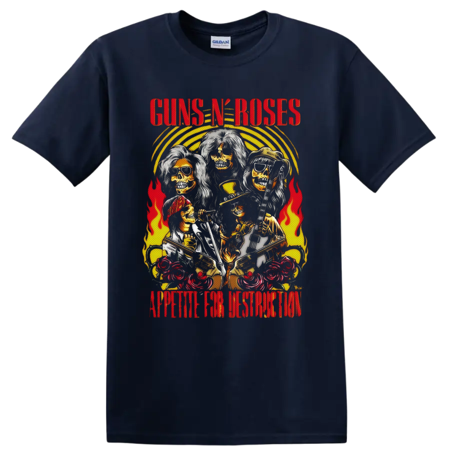 Guns N' Roses Appetite for Destruction skeletal band art with flames and roses on a Navy (Blue) T Shirt