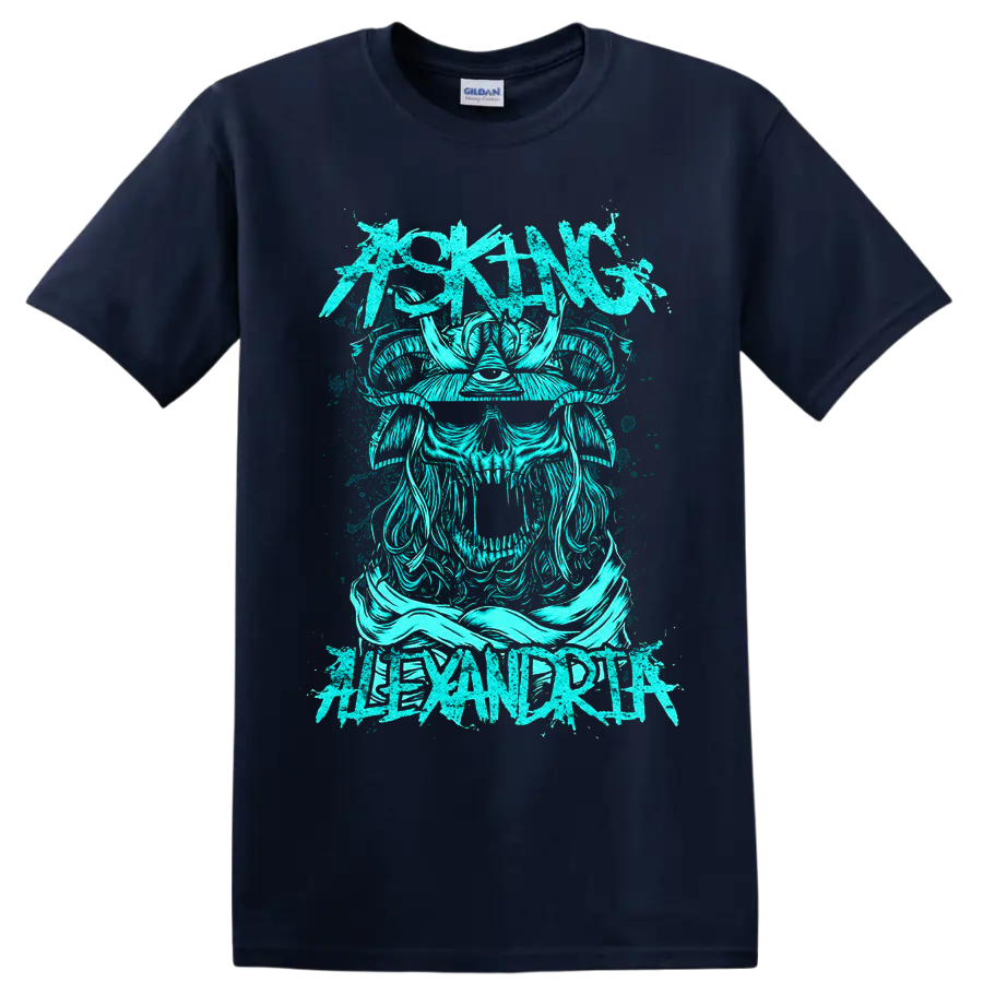 Asking Alexandria distressed turquoise Viking skull and horned helmet graphic on a Navy (Blue) T Shirt