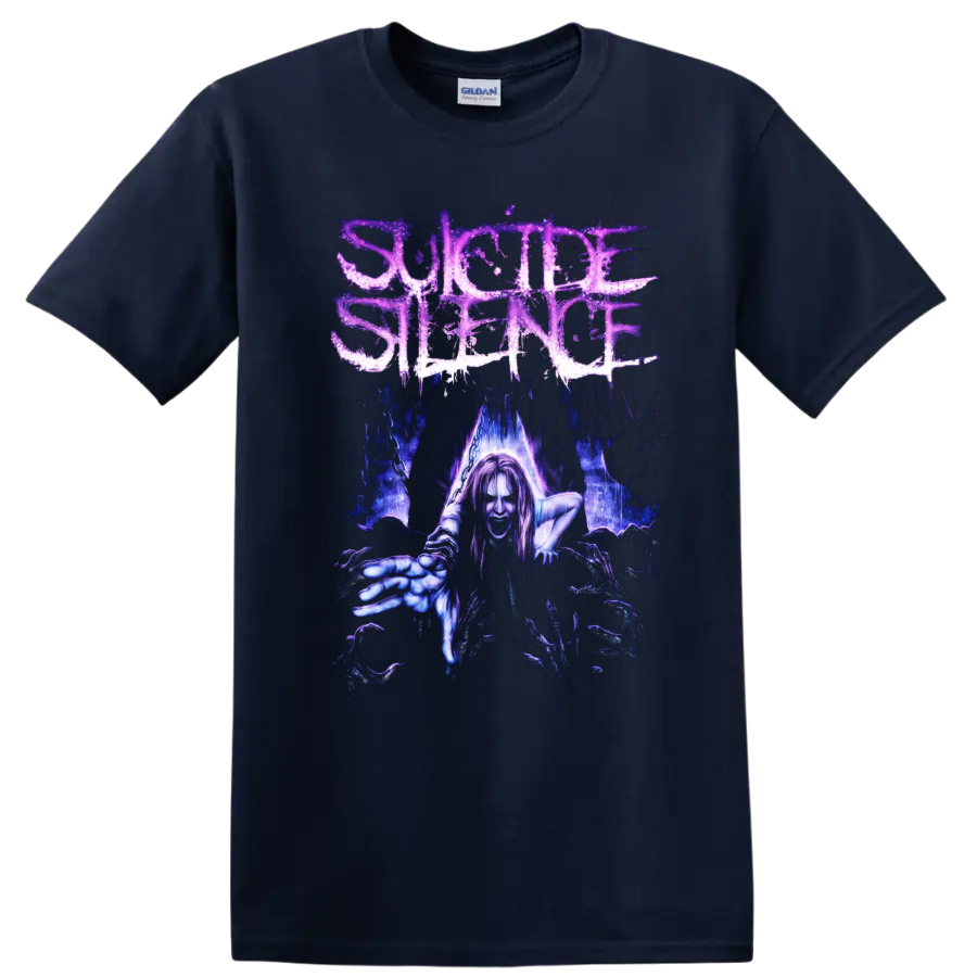 Suicide Silence distressed logo above a reaching gothic horror figure in blue and purple on a Navy (Blue) T Shirt