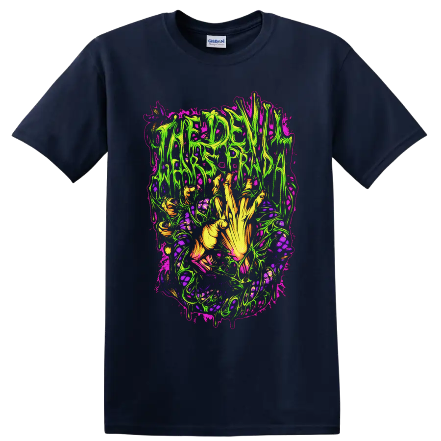 The Devil Wears Prada neon horror artwork with skeletal hand and dripping lettering on a Navy (Blue) T Shirt