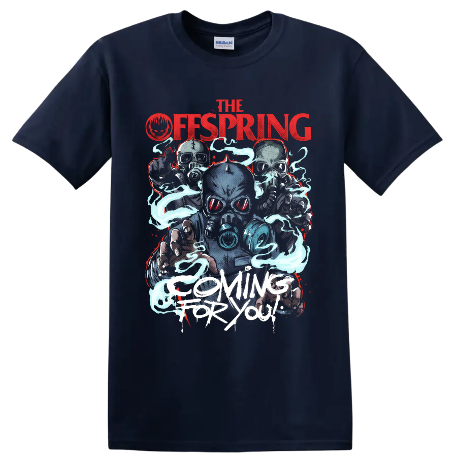 The Offspring Coming for You gas-mask figures with blue smoke and distressed lettering on a Navy (Blue) T Shirt
