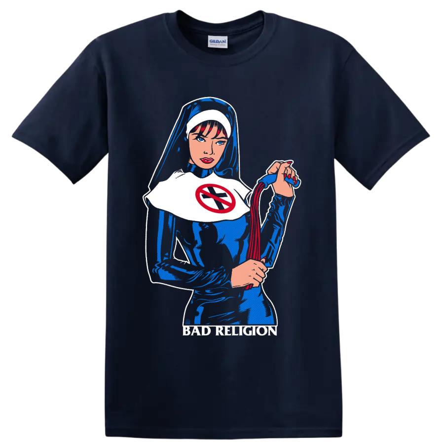 Bad Religion comic-style nun graphic with red no-cross emblem and blue-black artwork on a Navy (Blue) T Shirt