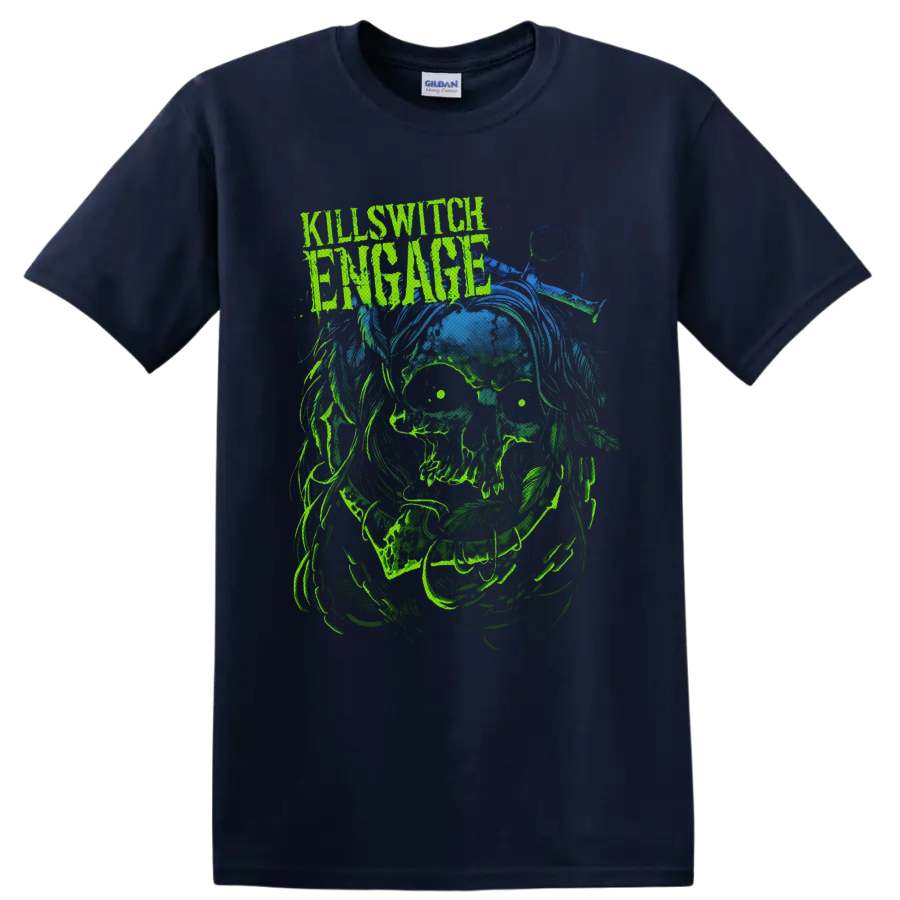 Killswitch Engage distressed logo above neon-green zombie skull horror artwork on a Navy (Blue) T Shirt