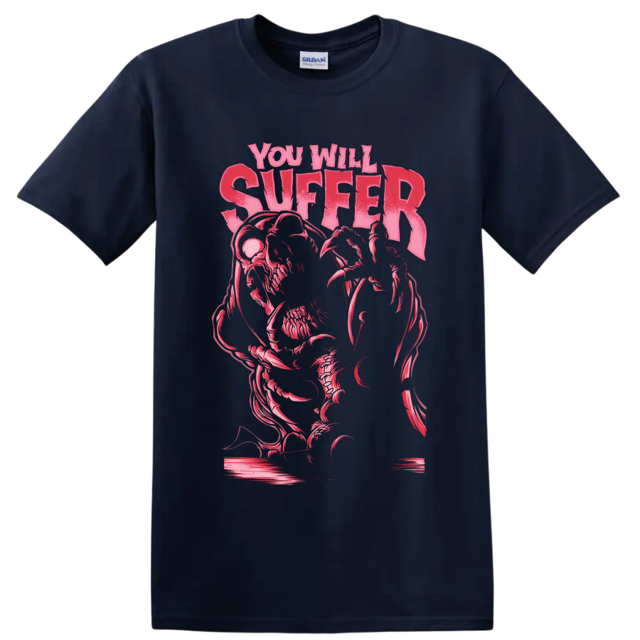Kreator You Will Suffer distressed pink text with skeletal horror graphic on a Navy (Blue) T Shirt