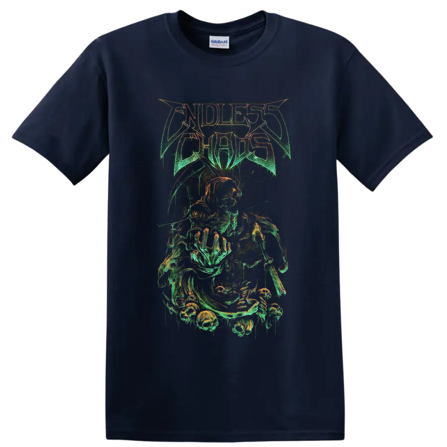 Endless Chaos hooded skeletal reaper and skull gothic metal graphic on a Navy (Blue) T Shirt