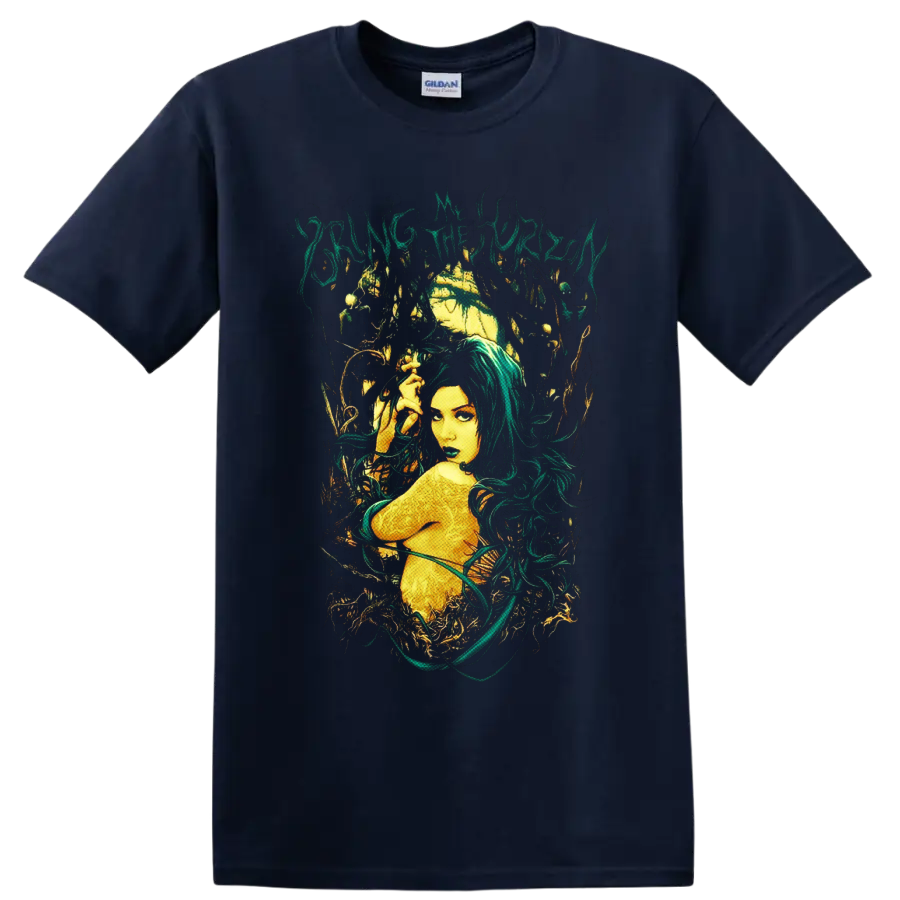Bring Me the Horizon gothic forest nymph with teal hair, golden moon, and vines on a Navy (Blue) T Shirt