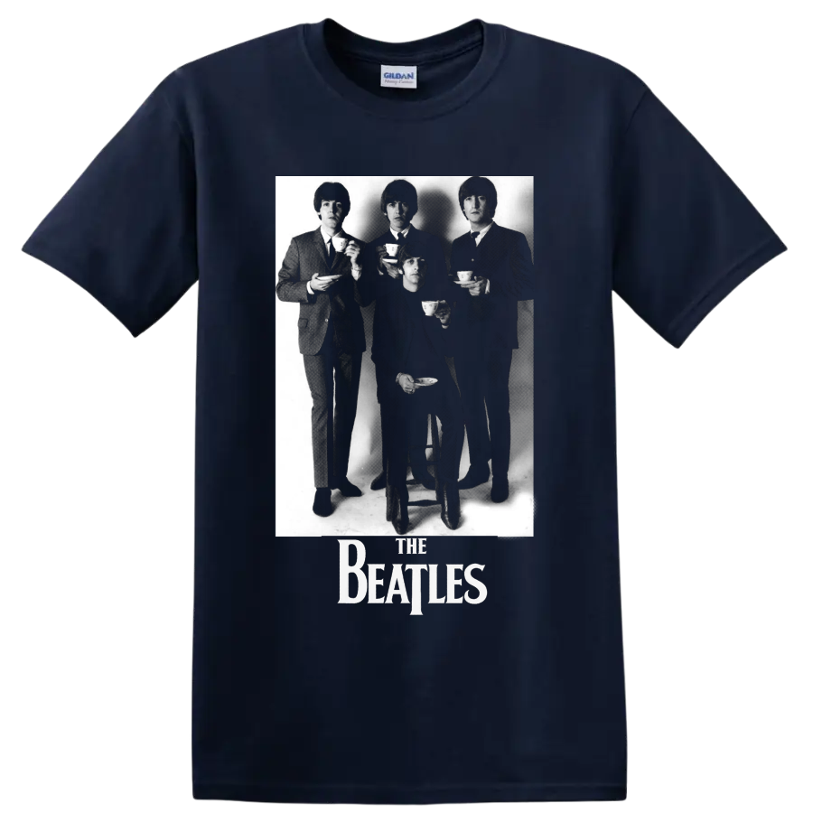 The Beatles black-and-white tea party portrait with band logo on a Navy (Blue) T Shirt