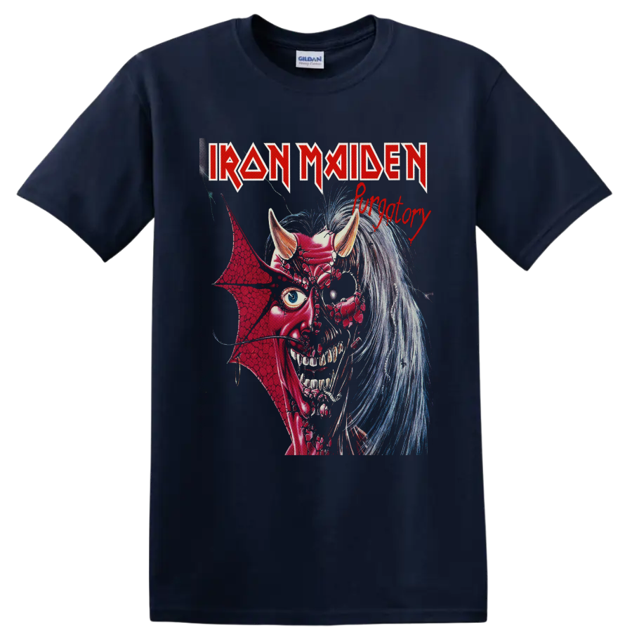 Iron Maiden Purgatory graphic with Eddie as a horned demon in vintage heavy metal art on a Navy (Blue) T Shirt