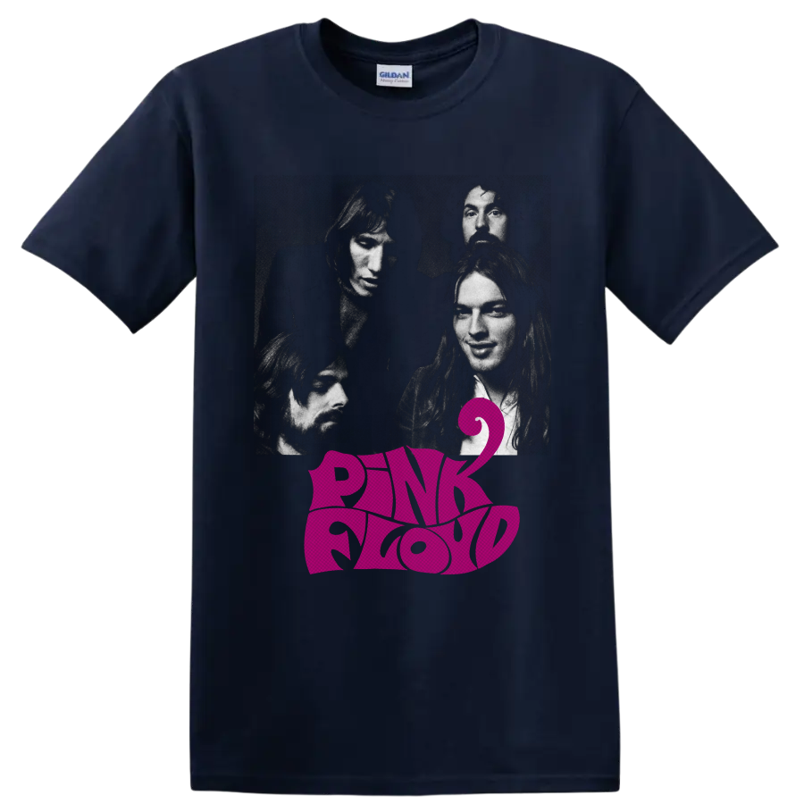 Pink Floyd band portrait graphic with magenta logo lettering and stylized number 2 on a Navy (Blue) T Shirt