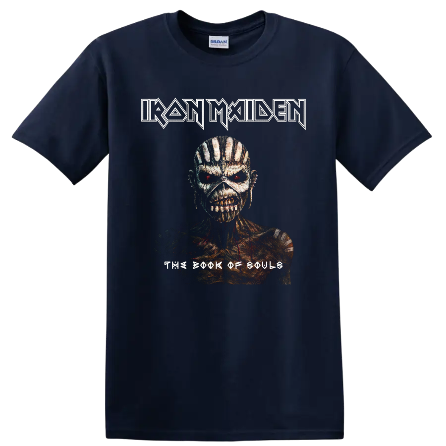 Iron Maiden The Book of Souls Eddie portrait with distressed heavy metal logo on a Navy (Blue) T Shirt